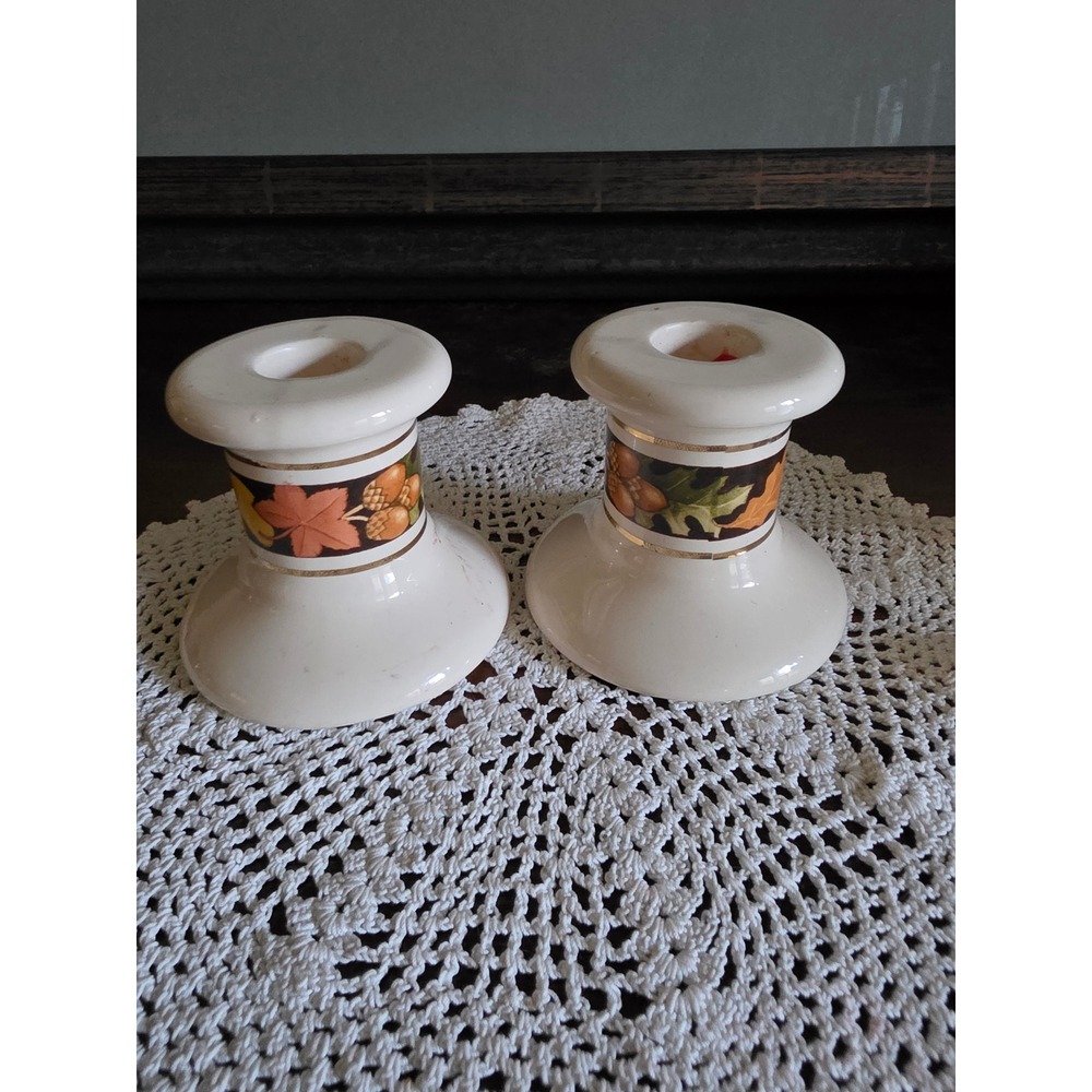 Vintage Autumn Harvest Ceramic Taper Candle Holders Set of 2 Fall Leaves Acorns